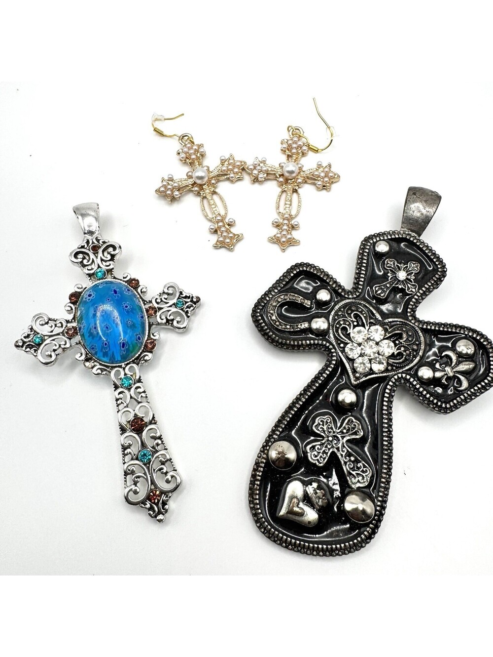VTG Mixed Cross Jewelry Lot 3pc Gothic Western Black Enamel Pendants & Earrings